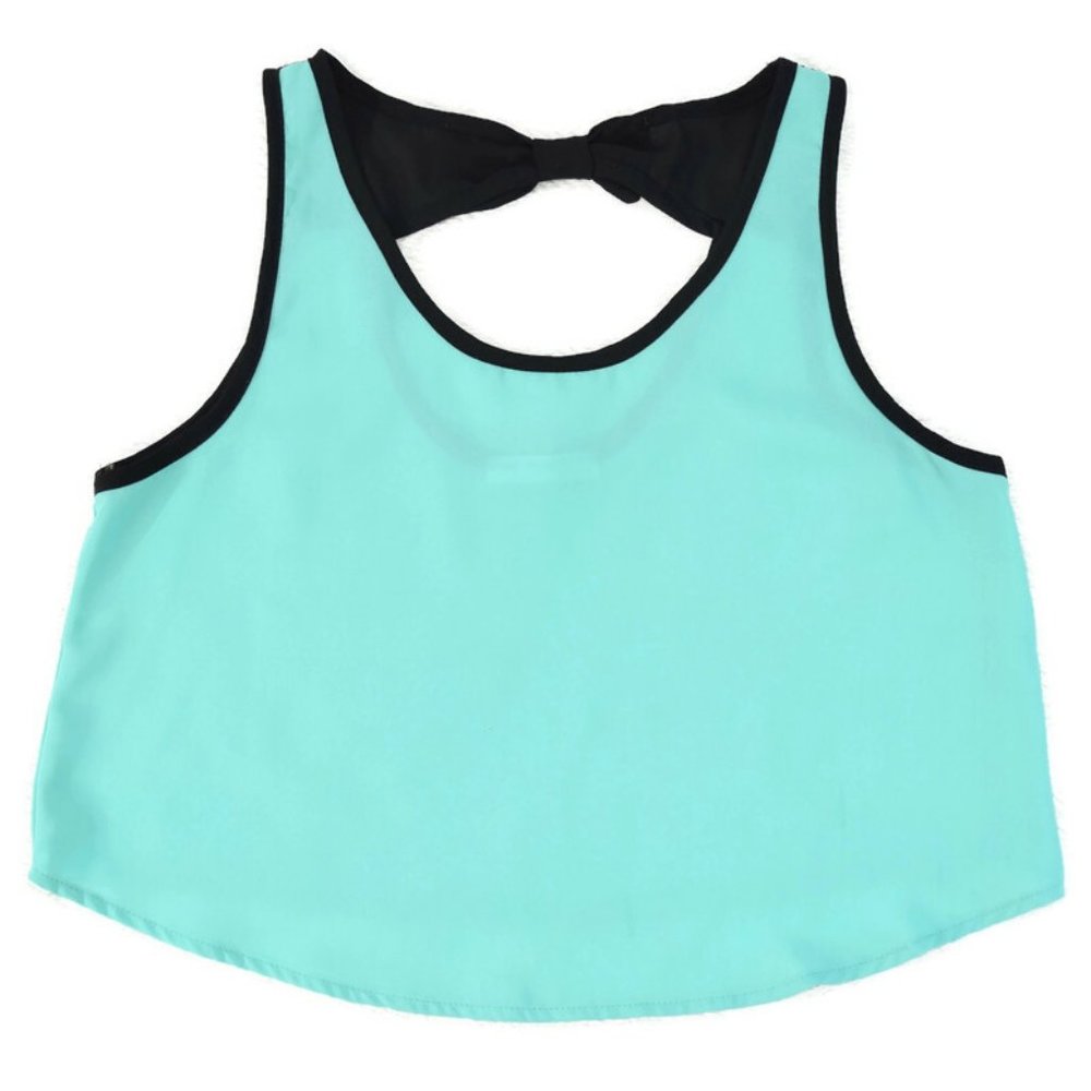 A'gaci Bow Crop Top Tank Sheer Cropped Blouse Light Shirt Mint Green Black USA S